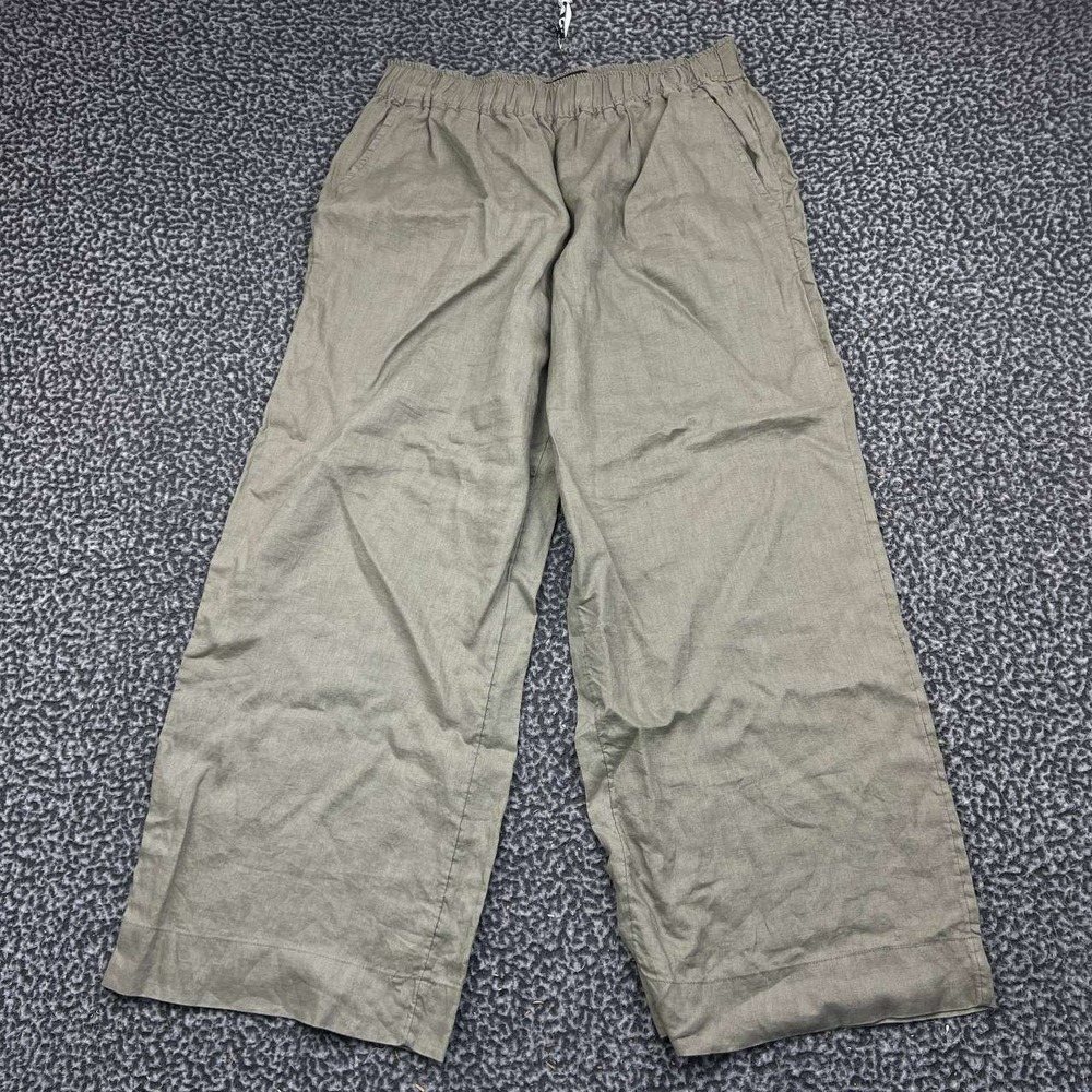 Tahari Pants Women Large Green 100% Linen Wide Leg Elastic Waist Pull On